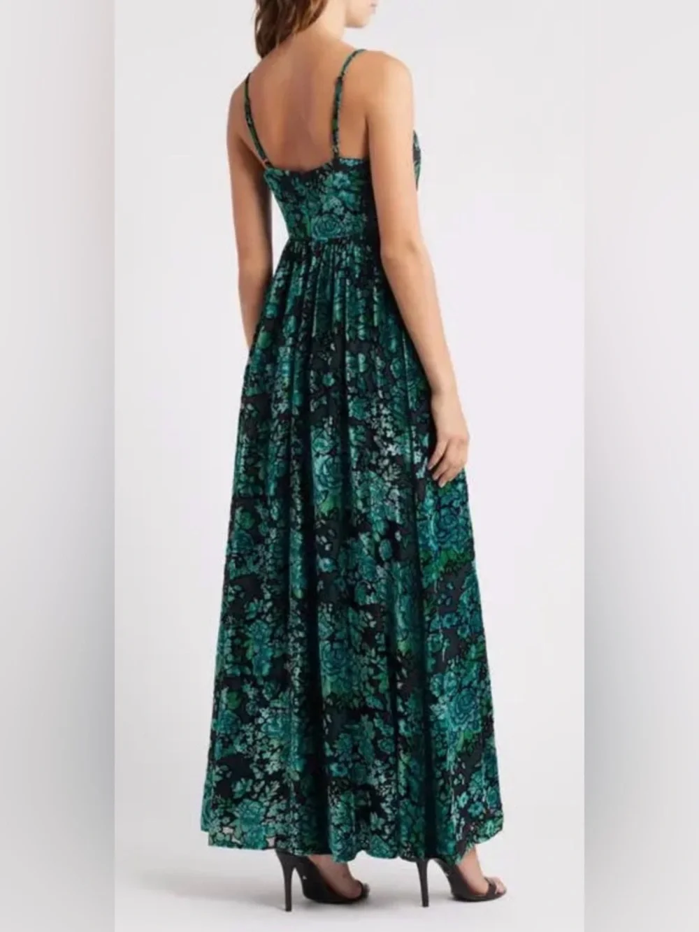 Lulus Minka Emerald Green Floral Velvet Burnout Spaghetti Straps Maxi Dress NWOT - Picture 2 of 11
